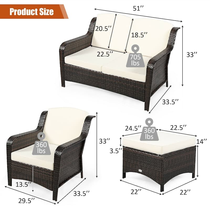 5 Pieces Patio Rattan Sofa Set with Cushion and Ottoman - 51" x 33.5" x 33" (L x W x H)