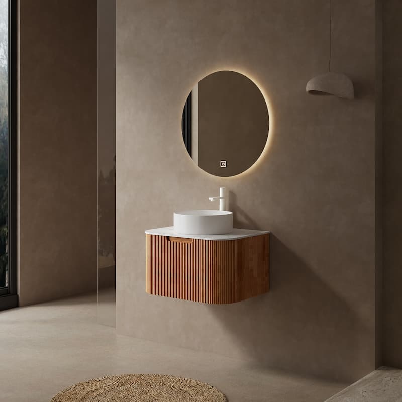 Modland Walnut 24/30/36 inch Bathroom Vanity with White Ceramic Vessel Sink, Modern Wall Mounted Floating