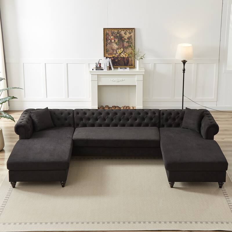 Chenille U-Shaped 5-Seater Sofa with Pull Point Design and Wooden Legs