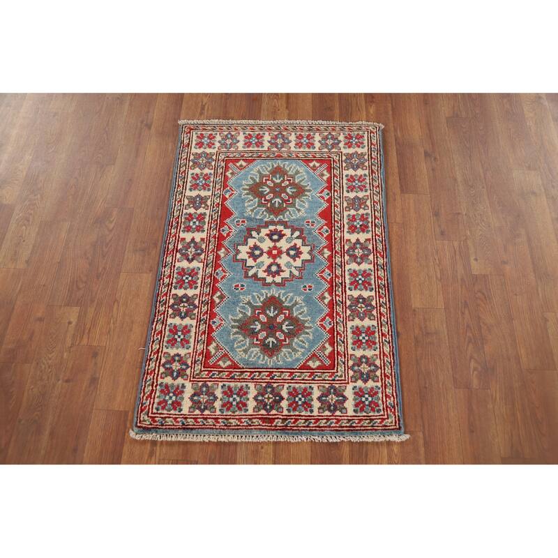 Blue Kazak Accent Rug Handmade Geometric Wool Carpet - 2'0" x 3'0"