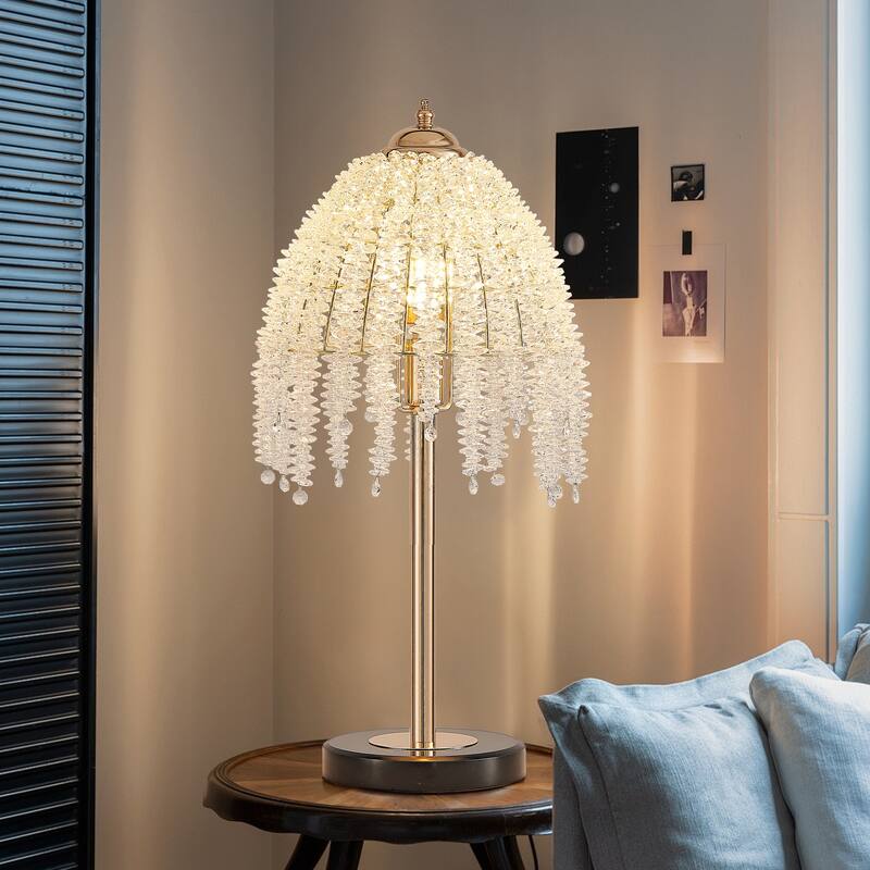 19"(H) Elegant Crystal Table Lamp - Vintage Waterfall Design with Crystal Bead String Shades and Marble Textured Base