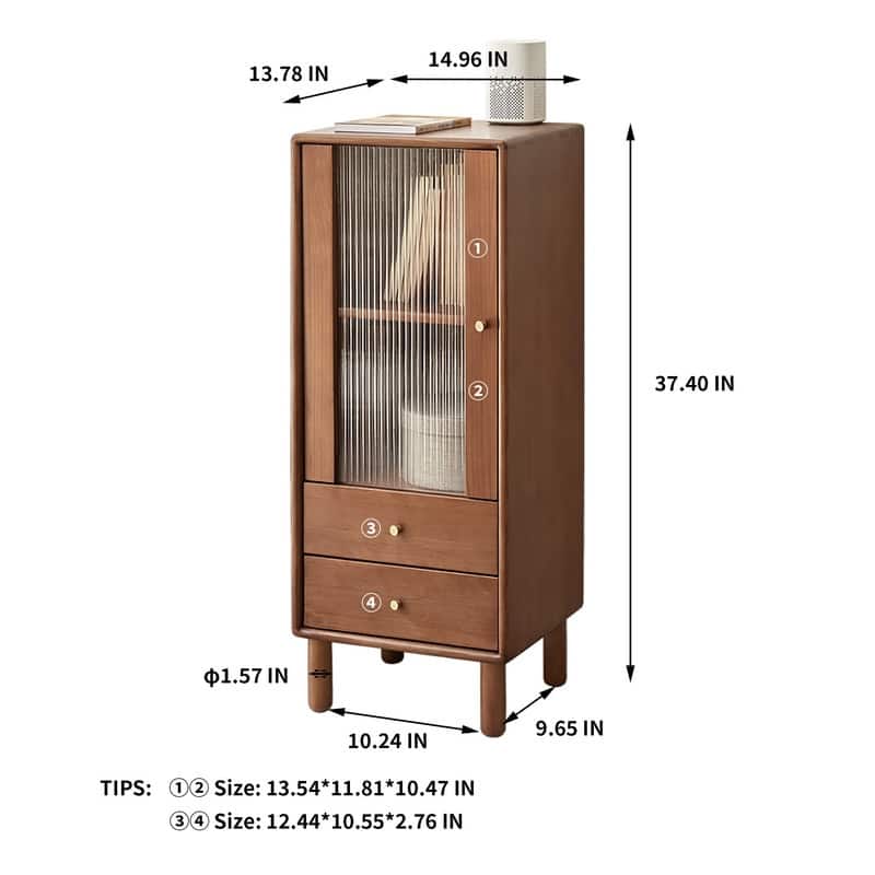 Free-Standing Corner Storage Cabinet with Glass Door,2 Shelves,2 Drawers