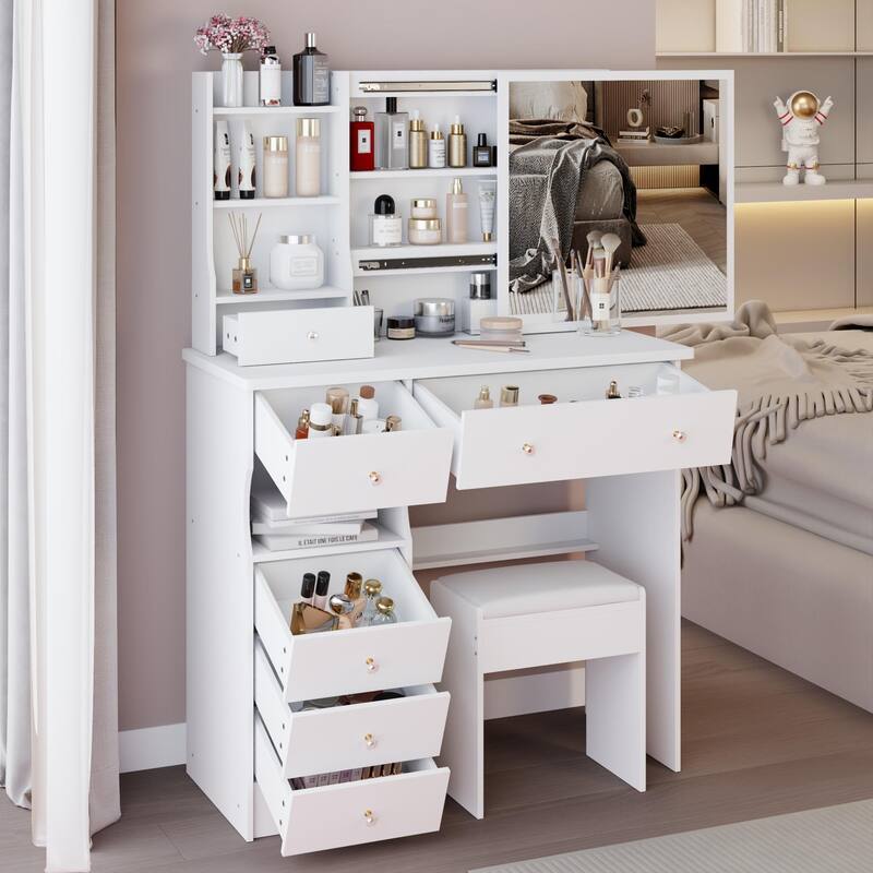 37" Middle Size Left Drawer Vanity Table + Cushioned Stool, Extra Large Right Sliding Mirror, Multi Layer High Capacity Storage