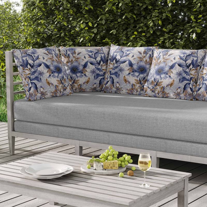 Exquisite Floral Breeze Indoor/Outdoor Reversible Throw Pillow Blue and Gold