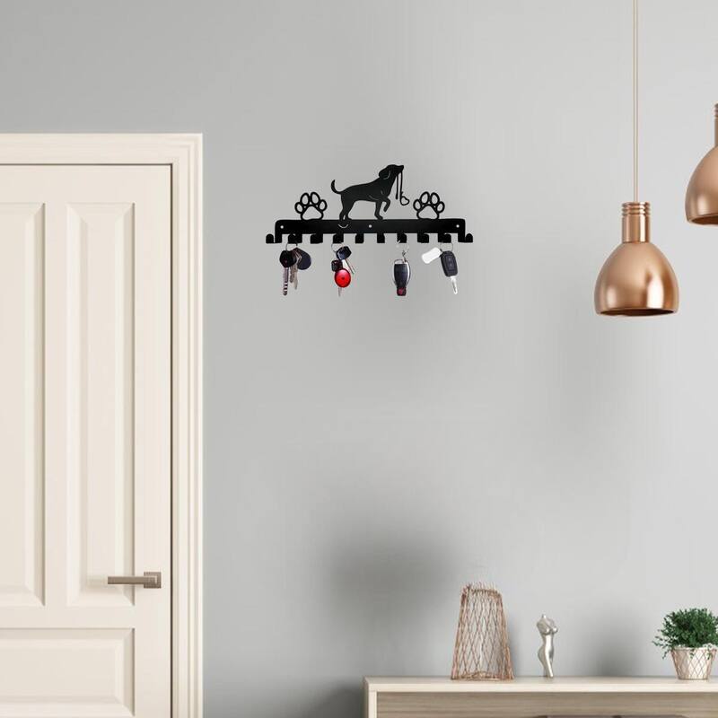Black Metal Cute Dog Wall Hanging Storage Rack with Hooks for Home Entryway or Coat - 11.81”L x 4.96”H