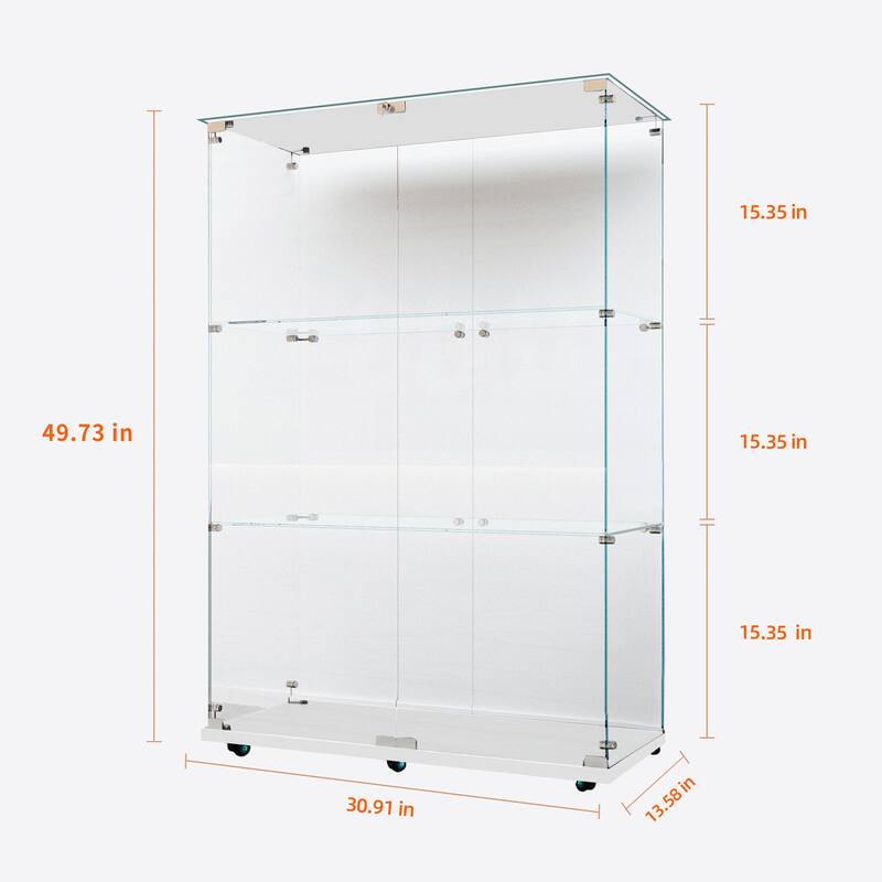 49.7" Tempered Glass Display Cabinet with Door Lock, Bluetooth LED Light Strip, Wine & Storage Cabinet with Casters