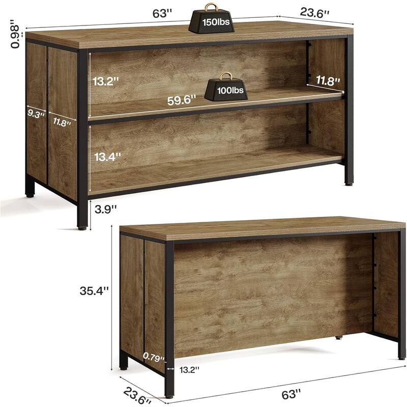 62.99" Kitchen Island with Storage and Seating - Farmhouse Stationary Island Table - 62.99" W x 23.62" D x 35.43" H