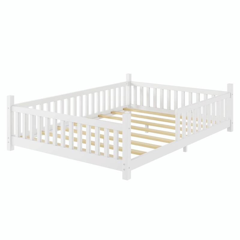 House Bed with Light, Low Floor House Bed with Fence and Roof