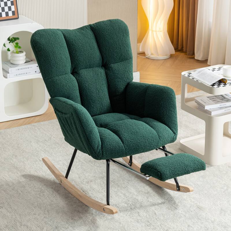 Teddy Fabric Leisure Rocking Chair With Adjustable Footstool - Green