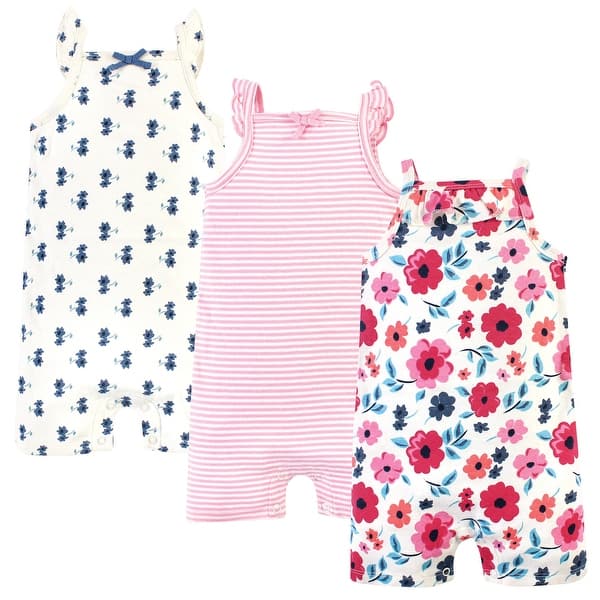 slide 1 of 1, Touched by Nature Baby Girl Organic Cotton Rompers 3pk, Garden Floral Flutter 3 - 6 Months - Pink