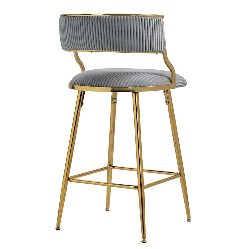 26'' Counter Height Bar Stools Corduroy kitchen Island Counter Bar Stool with Back, Golden Chromed Base and Footrest, Set of 2