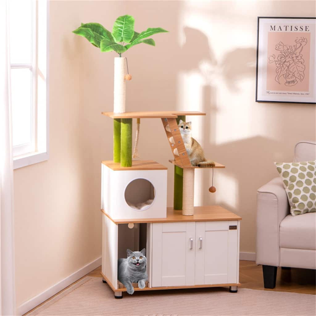 Cat Tree with Cabinet & Condo, Scratching Posts, Interactive Toys & Odor-Free Enclosure - 31.5" x 19" x 69"