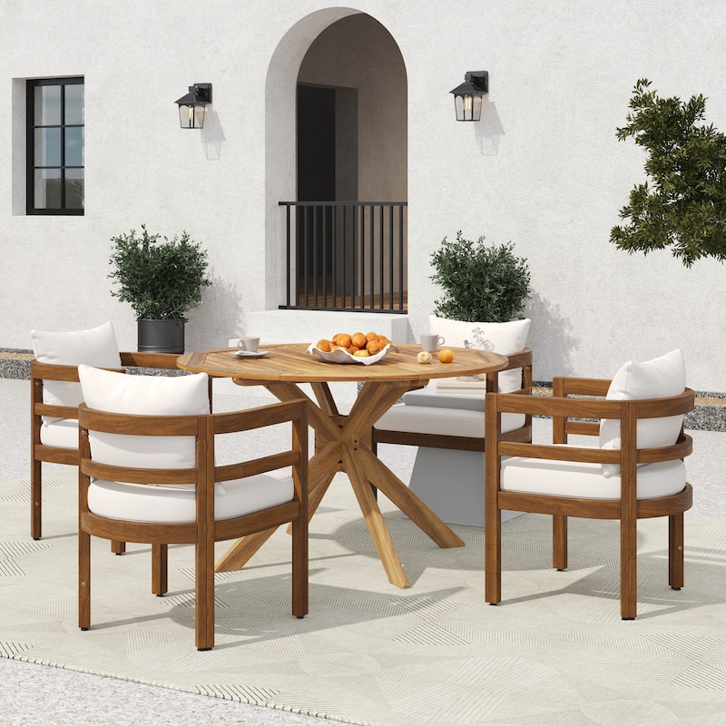 Christopher Knight Home - Harborlane Outdoor Acacia Wood 5-Piece Patio Dining Set with Cushioned Chairs - Beige+Brown