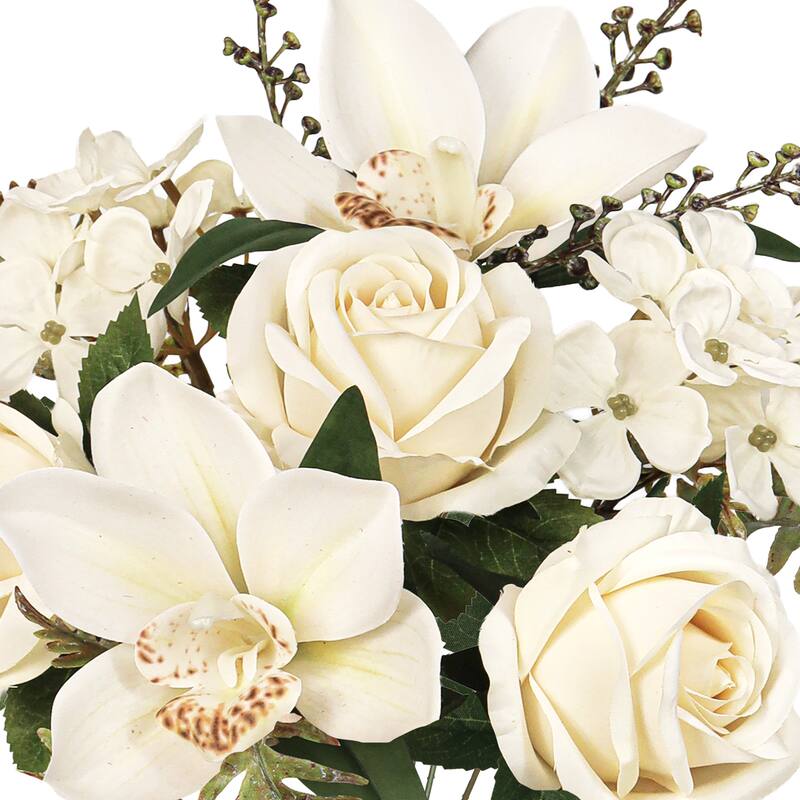 Set of 2 Cream Ivory Artificial Mixed Rose Cymbidium Orchid Hydrangea Flower Stem Bush Bouquet 16in - 16" L x 9" W x 9" DP