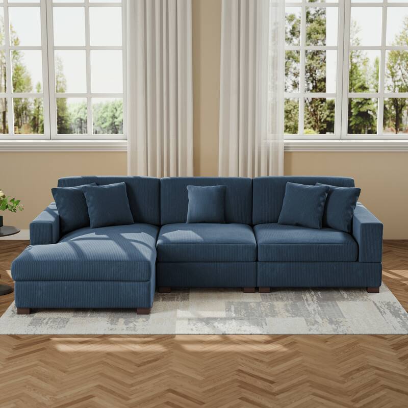 Upholstered Oversized Modular Sectional Sofa Set Corduroy Sleeper Sofa With Chaise - NAVY-Left Facing - Left Facing