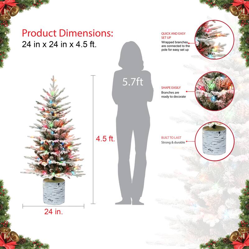Puleo International 4.5 ft. Pre-Lit Potted Flocked Arctic Fir Artificial Christmas Tree
