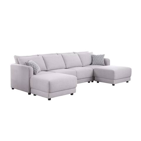Penelope Light Gray Linen Fabric 4-Seater Sofa w/ 2 Ottoman & Pillows
