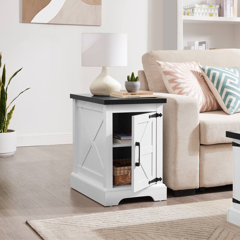Farmhouse End Table Nightstand Rectangular Farmhouse End Table with Barn Door and Adjustable Storage Shelf