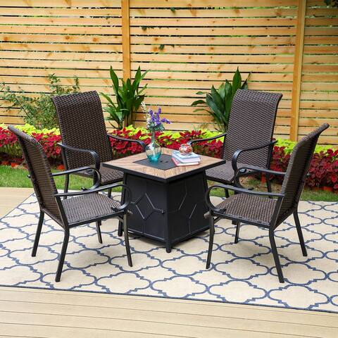 PHI VILLA 5-Piece Rattan Dining Set with 28 Inch 40,000 BTU Propane or Natural Gas Fire Pit Table Terra Fab Stone-like Tabletop