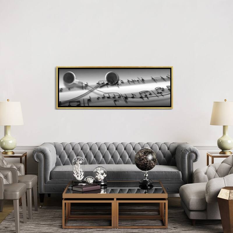 iCanvas "Music notes superimposed on ear phones" by Panoramic Images Framed Canvas Print