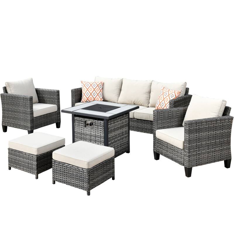 OVIOS 6-piece Patio Outdoor Wicker Conversation Set With 30" Fire Pit