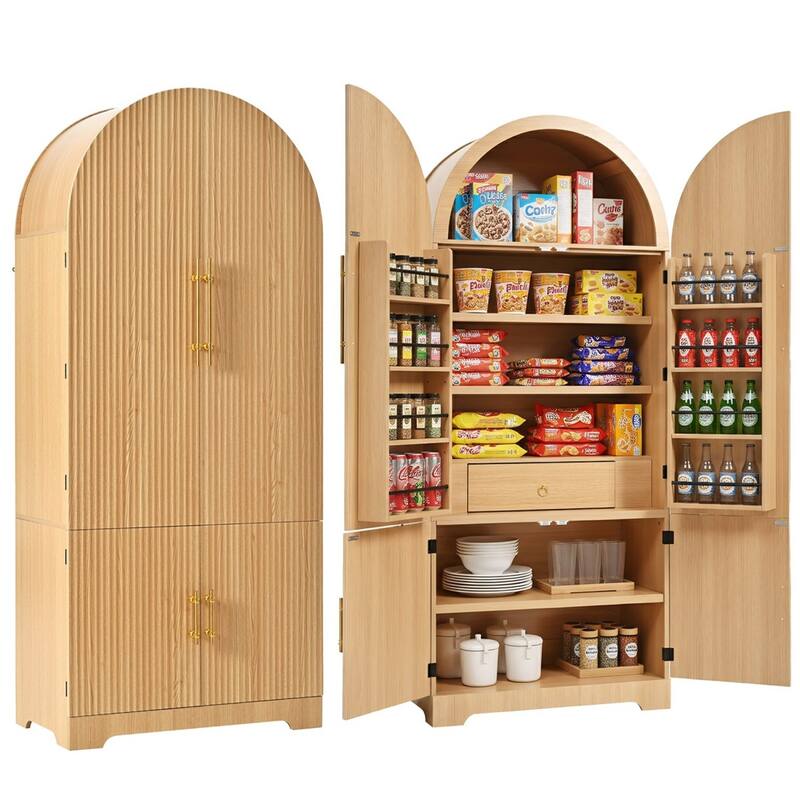 Roomfitters 72" Tall Arched Kitchen Pantry Cabinet with Fluted Doors & Hidden Drawer
