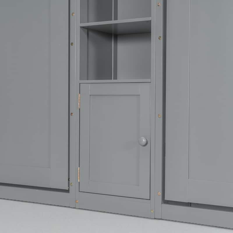 Dual Twin Murphy Wall Beds with Storage Cabinets and Open Shelves, Foldable Space-Saving Design for Small Rooms