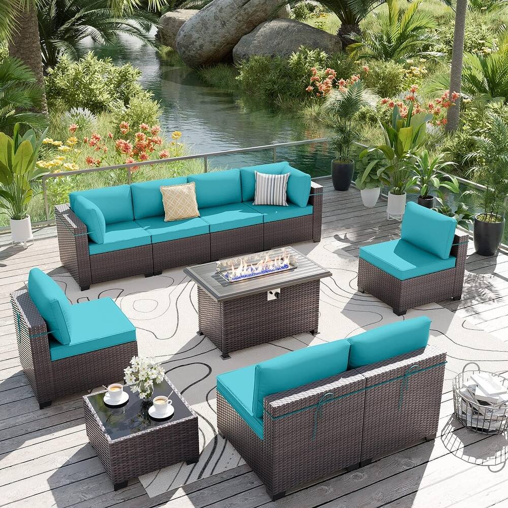 Delnavik 9-Pieces Wicker Patio Furniture Set with Firepit,Outdoor Seatings with Cushions - 9 pieces