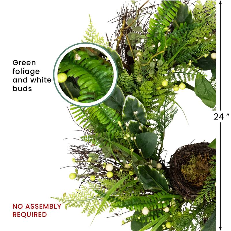 Green Brown Foliage Artificial Spring Wreath with Nest - 24", Unlit