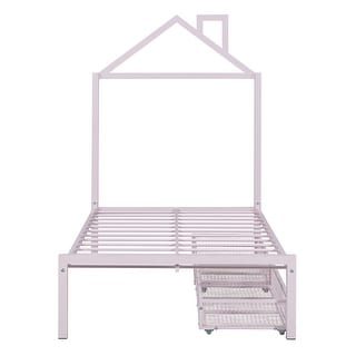 Metal Platform Bed with House Design and Drawers, Twin Size