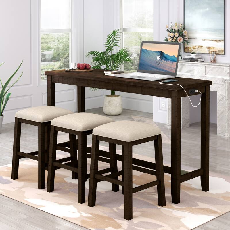 4Pieces Wooden Counter Height Rustic Bar Dining Set, with Socket Bar