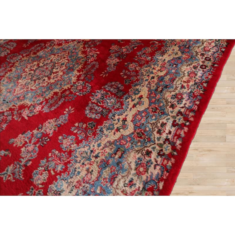 12'6''x18 Hand Knotted Wool Red Plush Pile Kerman Traditional Rug - 12' 6'' x 18'