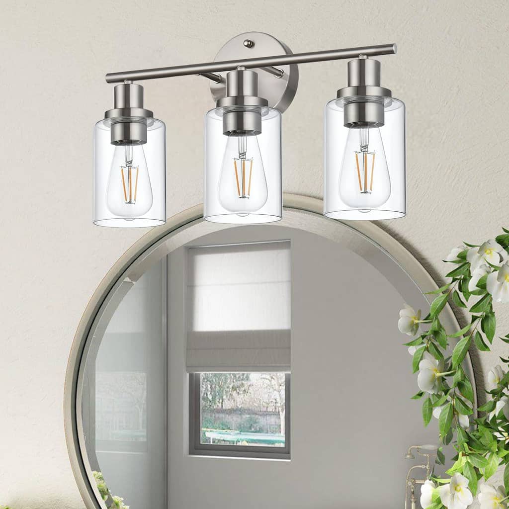3-Light Bathroom Light Fixtures, Brushed Nickel Modern Vanity Lights Over Mirror with Clear Glass Shade, Bathroom Wall Lamp