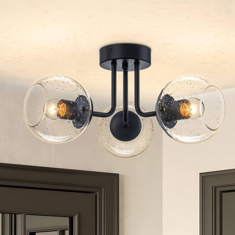 Starsky 3-Light Modern Sputnik Seeded Glass Globes Semi Flush Mount Ceiling Light - Black
