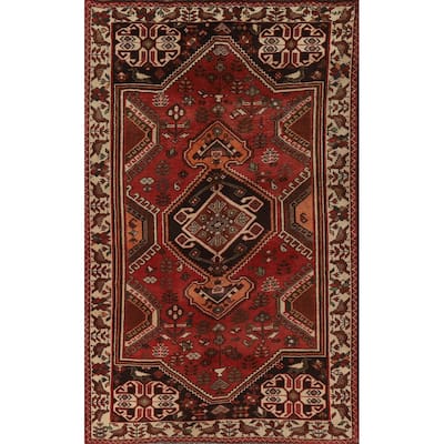 Red Shiraz Persian Vintage Area Rug Hand-Knotted Wool Carpet - 5'1"x 8'5"
