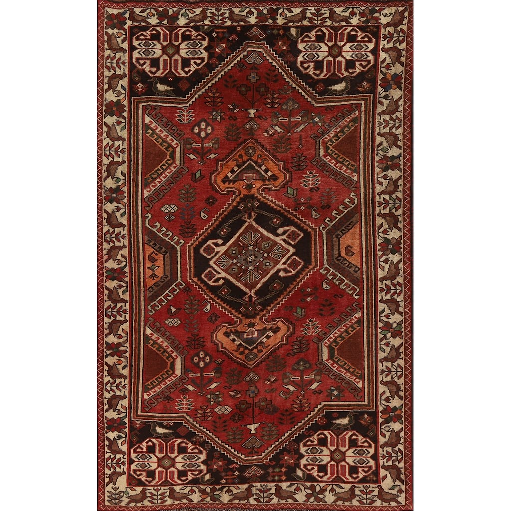 Red Shiraz Persian Vintage Area Rug Hand-Knotted Wool Carpet - 5'1"x 8'5"