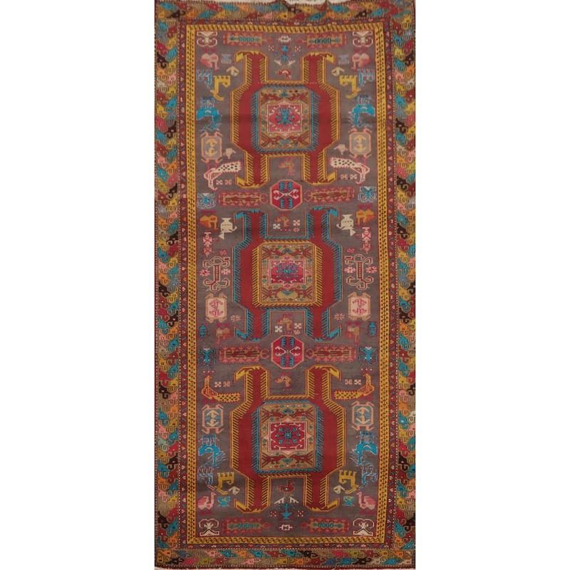Hand Knotted Oriental 100% Wool Carpet Traditional Tribal Greys & Charcoal Meshkin Runner Rug - 9' 8'' X 4' 0''