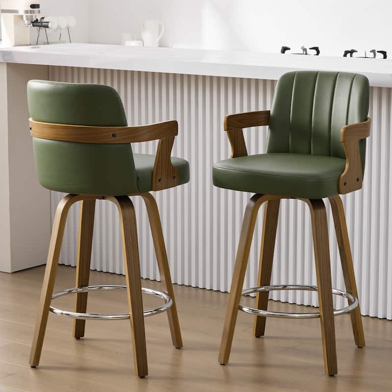 Upholstered Swivel Barstool with Arms and Bentwood Legs - 40.8"H x 18.9"W x 19.5"D/19.3"D - Set of 2 - Green