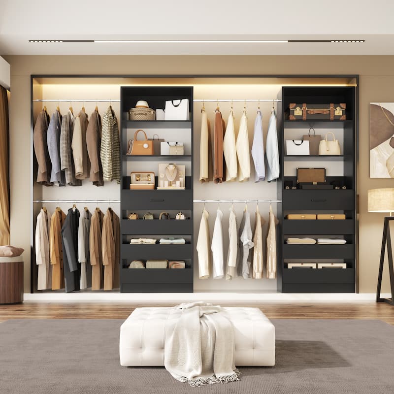 Qvella 95''-136'' W Closet System with 8 Wooden Drawers and 4 Hanging Rods, Walk-in Closet Organizer with 6 Storage Shelves