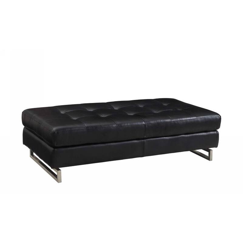 HomeRoots 63" Black Tufted Faux Leather and Silver Ottoman