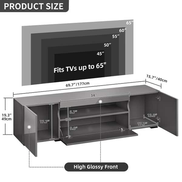 dimension image slide 0 of 2, Moasis 70-inch High Glossy Wood TV Stand LED Entertainment Center Media Console