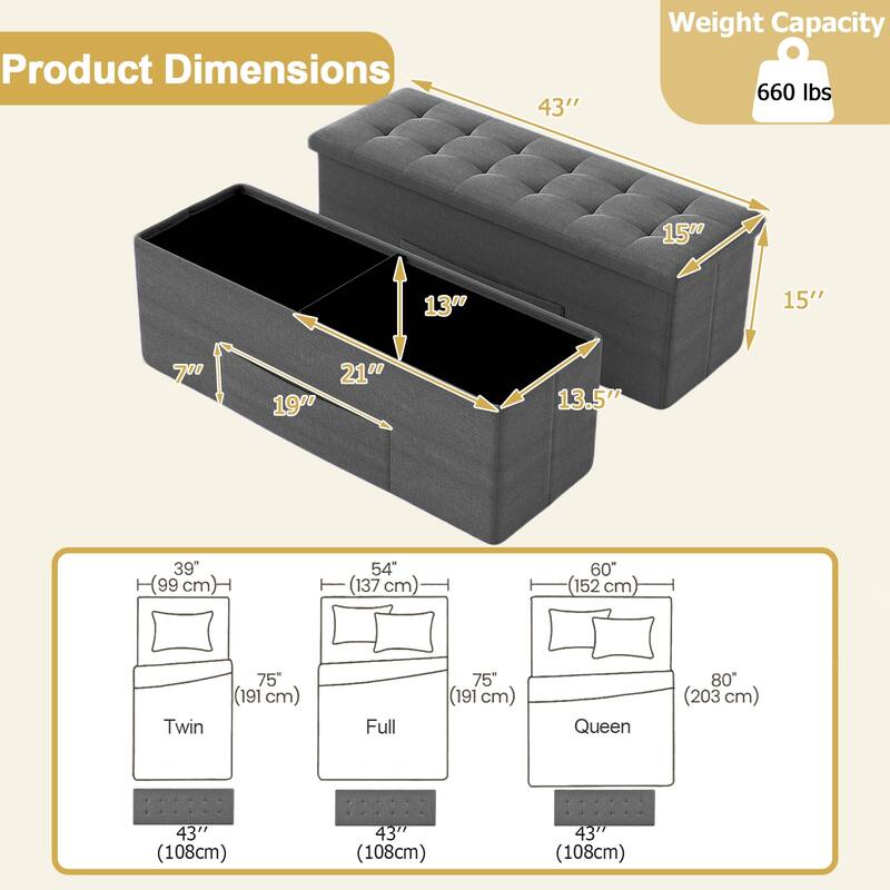 Gymax 43'' Folding Storage Ottoman Bench w/ Removable Divider & Side