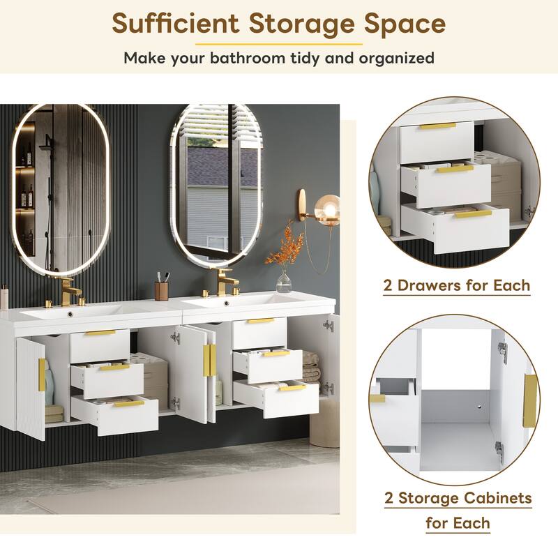 GDFStudio - Danford Modern Floating Double Bathroom Vanity Set with Resin Sink & Soft-Closing Doors - 72'W