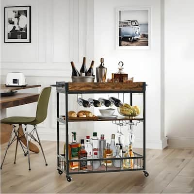 3-Tier Industrial Kitchen Serving Trolley - Wood and Metal Bar Cart with Wine Rack