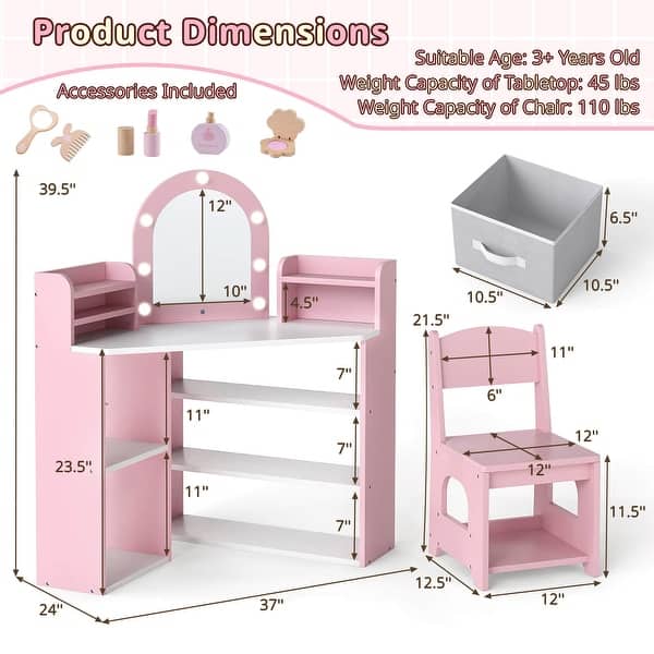 dimension image slide 0 of 2, Costway Corner Kids Vanity with Lights, 3 Storage Shelves, 5 Open - See Details