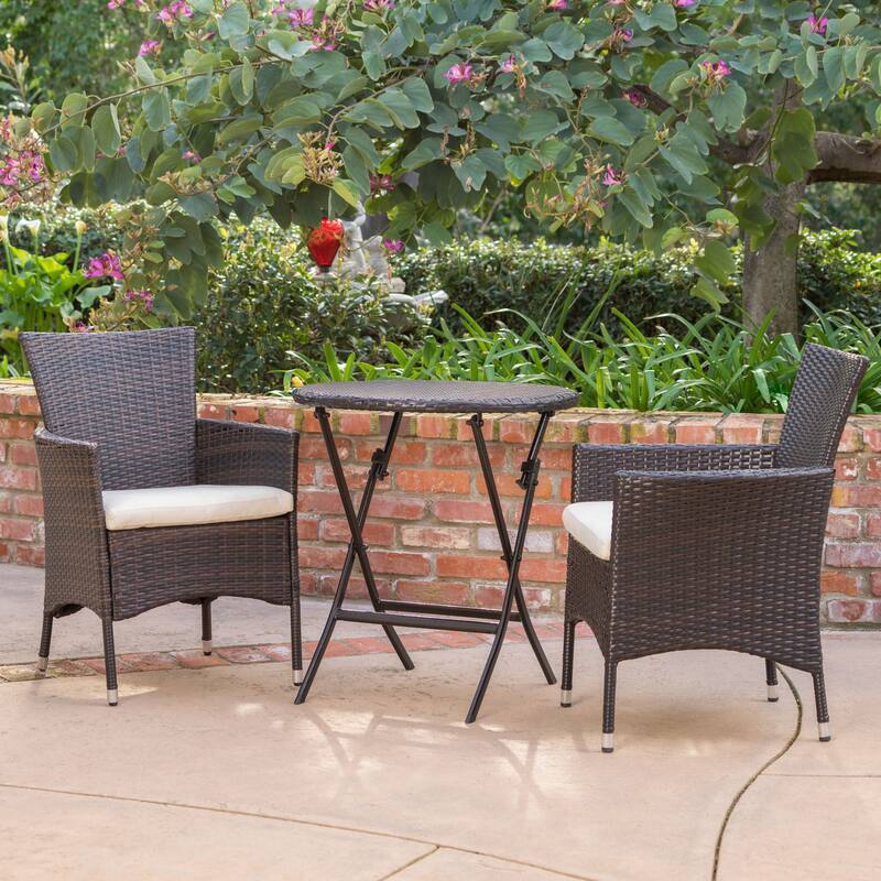 Roomfitters 3-Piece Outdoor Bistro Set with Wicker Chairs and Folding Table, Patio Conversation Set with Cushions, Brown