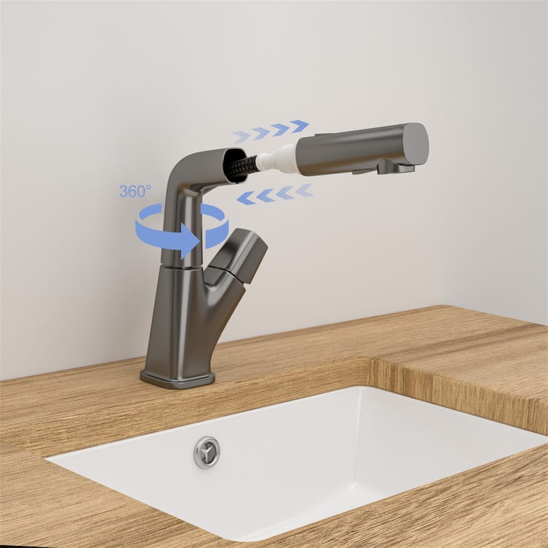 Pull-Down Design Bathroom Faucet w/ Three Water Modes,360 Swivel Spout