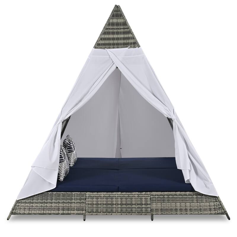 91" Brown And Blue Faux Rattan And Fabric Pyramid Lounge Chair