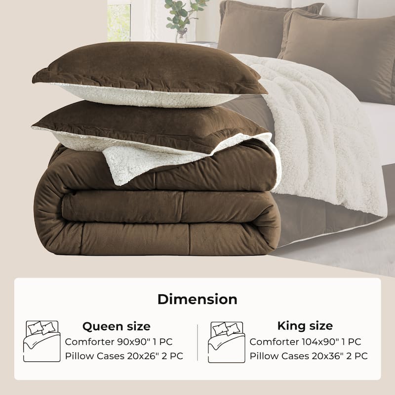 3 Piece Winter Reversible Comforter Set Faux Shearling Ultra Soft Minky Plush and Fuzzy Fleece Microfiber