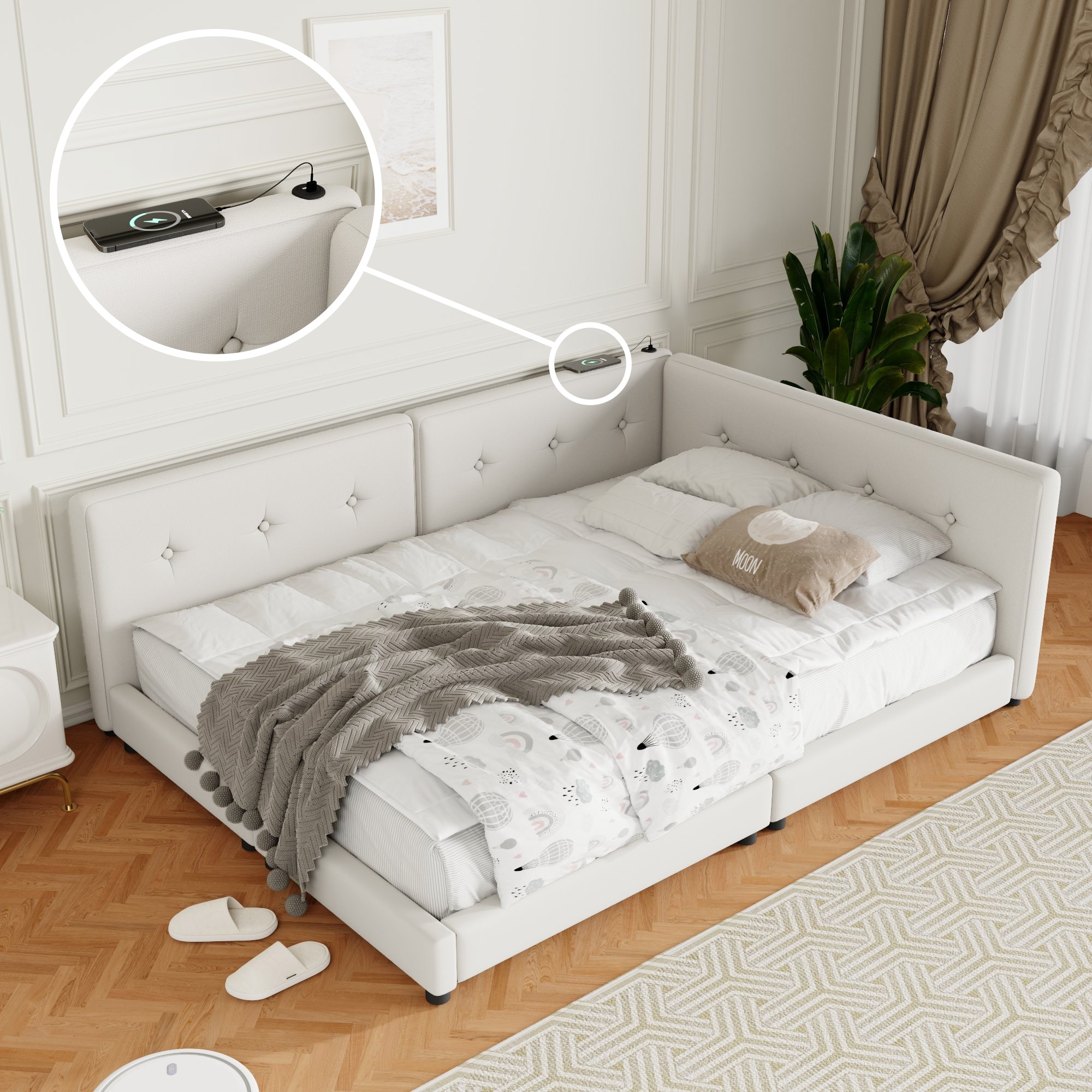 Linen Upholstered Low Platform Bed Frame with USB Ports & Semi-enclosed Design